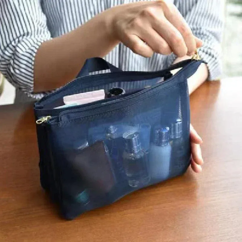nouveau sac de rangement en maille de couleur unie avec compartiment, trousse de toilette portable de voyage, sac à cosmétiques, pochette de rangement de produits de toilette pour soins de la peau