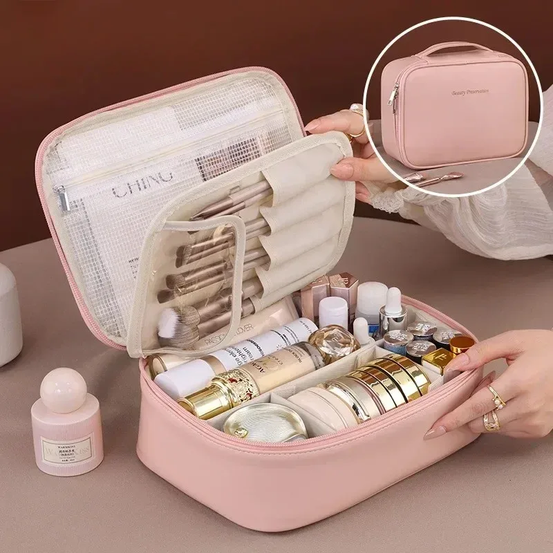 1pc sac de cosmétiques pour femmes, sac de rangement portable, grande capacité, sac de maquillage de luxe, organisateur de voyage, sacs de toilette essentiels.