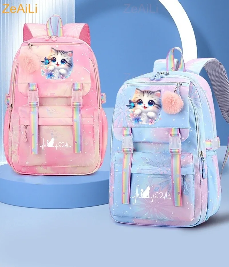 Sac à dos scolaire pour enfants, adolescents, filles et garçons, motif chat mignon, fleur, papillon, sac à dos pour femmes, sac à livres