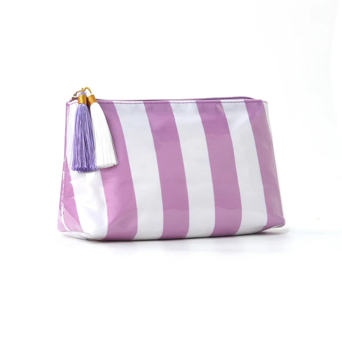 trousse de maquillage classique rayée avec fermeture éclair à franges, sac de voyage pour articles de toilette et soins de la peau, étui à pinceaux en pvc, organisation de voyage
