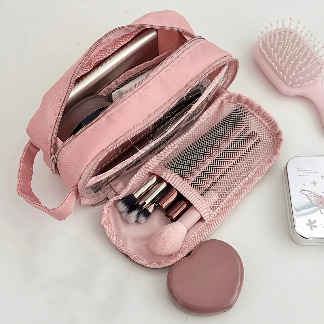 Sac à cosmétiques portable, trousse de maquillage de voyage grande capacité, organiseur pour femmes, trousse de toilette pour voyager avec poignée et séparateur