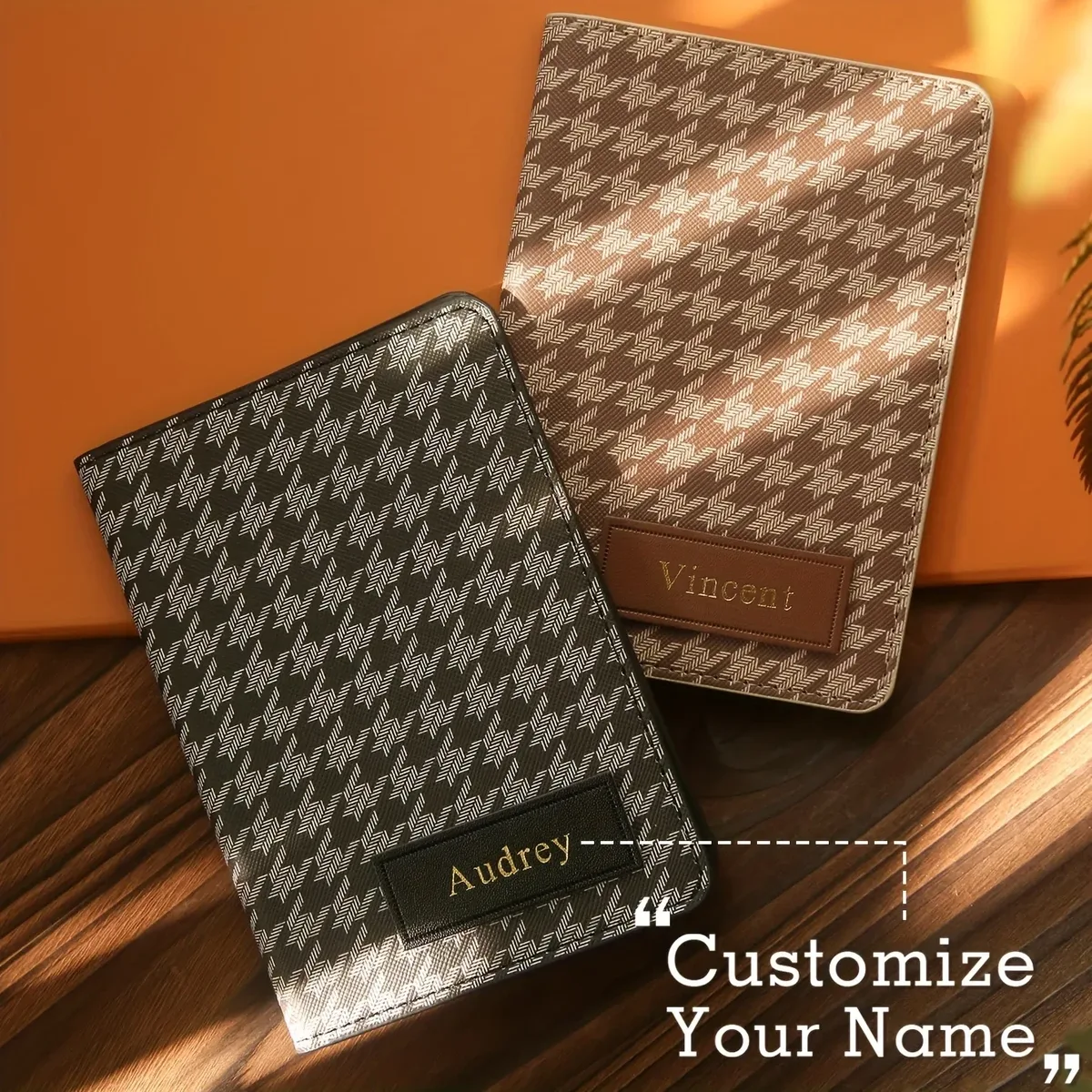1 pièce : Étui de passeport élégant personnalisé avec nom, motif pied-de-poule classique, et porte-cartes personnalisé