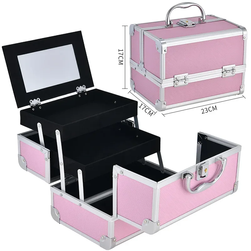 valise de maquillage à 3 plateaux, boîte de rangement cosmétique verrouillable avec miroir, boîte de rangement portable pour le maquillage en voyage