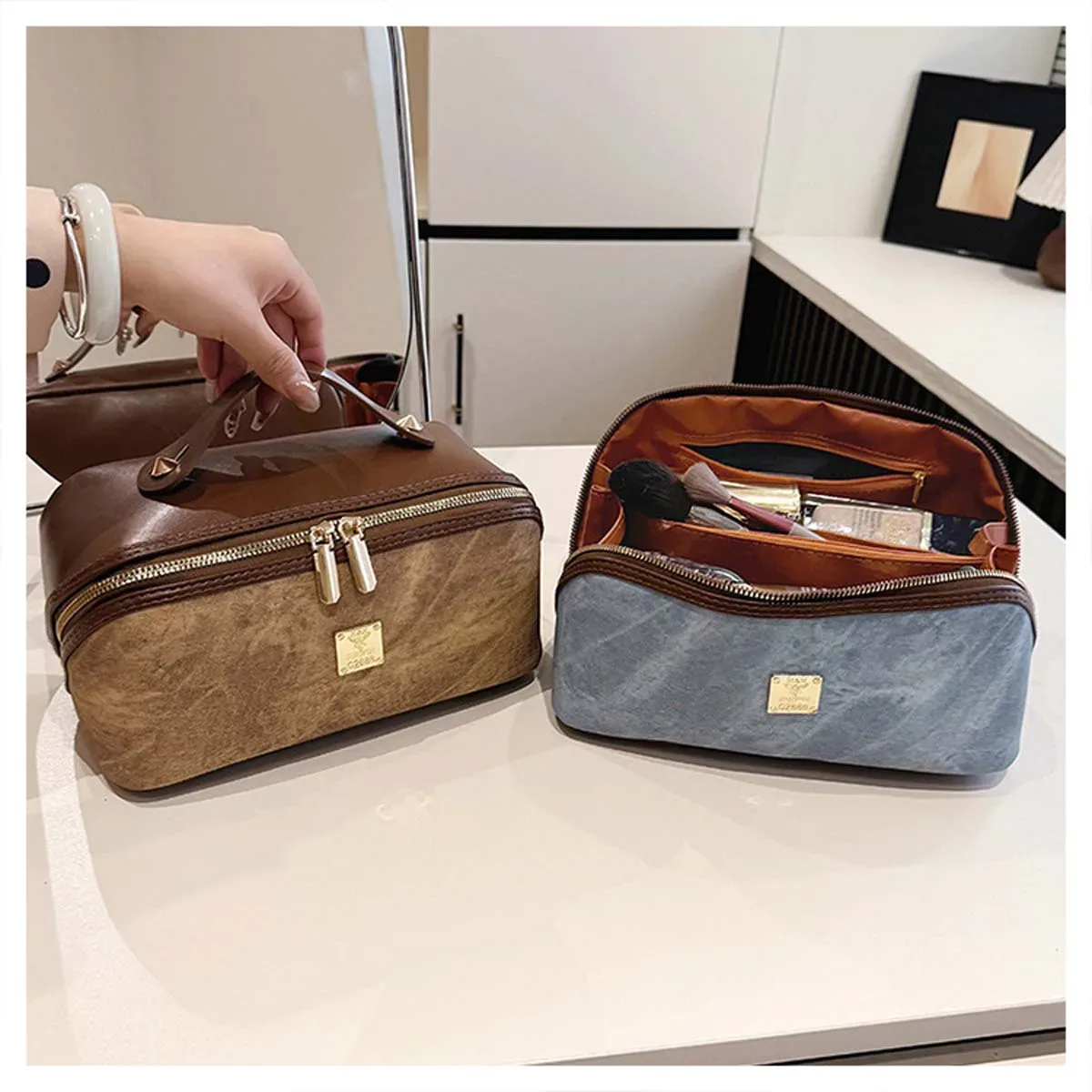 nouvelle trousse de toilette, sac de rangement de voyage haut de gamme en denim et cuir pu avec empiècements color-block, trousse de toilette de marque en métal