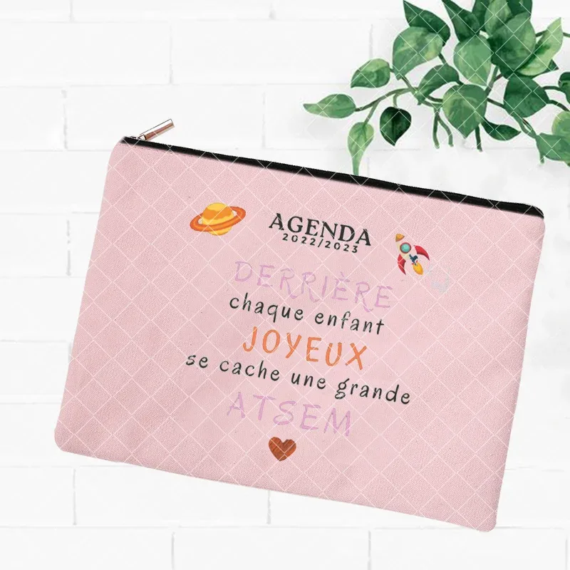 merci atsem – trousse de maquillage imprimée française, grande trousse à crayons, fournitures de papeterie scolaire, sac de rangement, pochette de lavage de voyage, cadeaux pour atsem