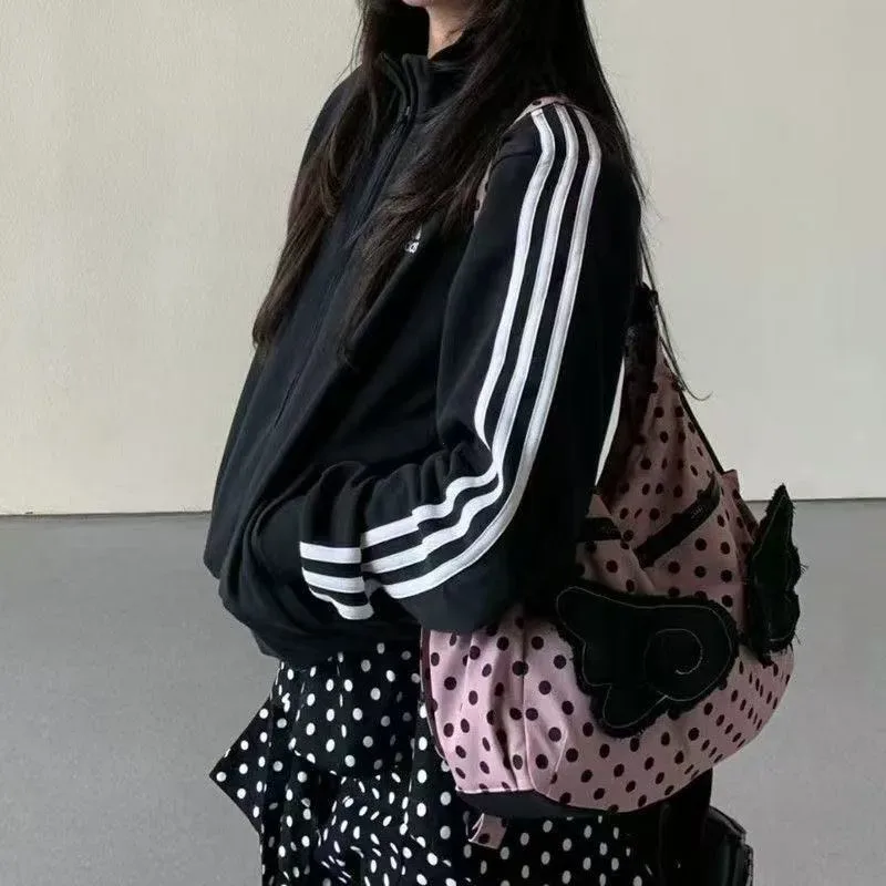 sac à bandoulière coréen à pois pour femmes, design ailes mignonnes, sac fourre-tout grande capacité, sac à dos tendance y2k pour les trajets quotidiens
