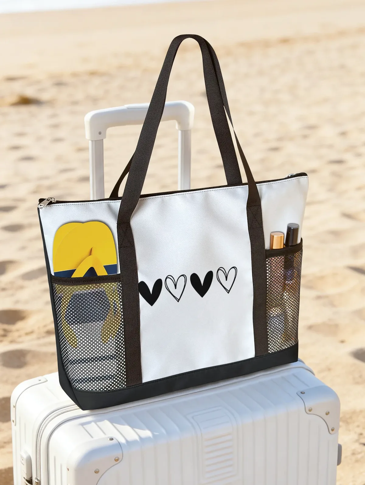 Sac de plage noir à imprimé cœurs, avec poche latérale en maille, fermeture éclair, imperméable, sac à bandoulière de voyage