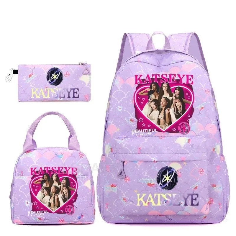 sac à dos amusant katseye, imperméable, grande capacité, pour ordinateur portable, sac d'école, pour femmes et hommes, motif dessin animé, sac de voyage, ensemble de 3 pièces.