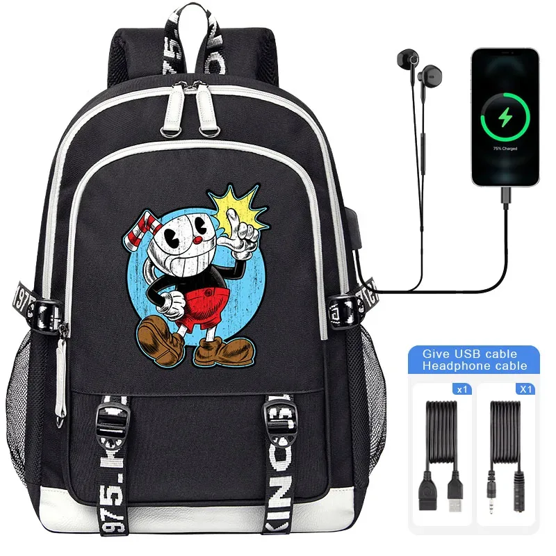 cuphead mugman sacs d'école pour adolescent usb charge sac à dos pour ordinateur portable garçons filles étudiant livre sac mochila sac de voyage