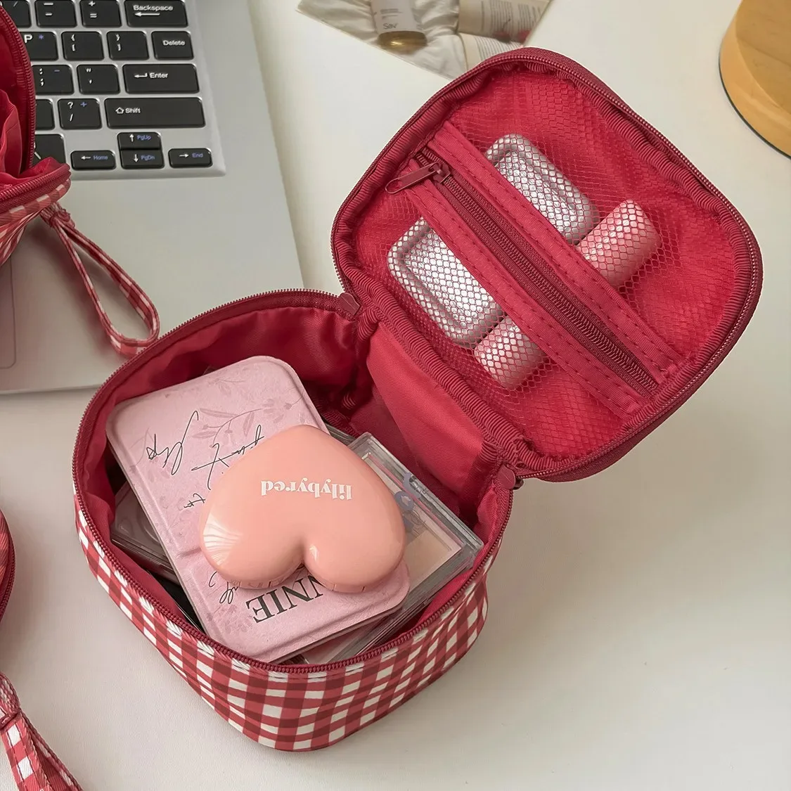 pochette à cosmétiques à carreaux, trousse de toilette de voyage minimaliste à blocs de couleur, nouvelle trousse de maquillage portable à motif quadrillé grande capacité