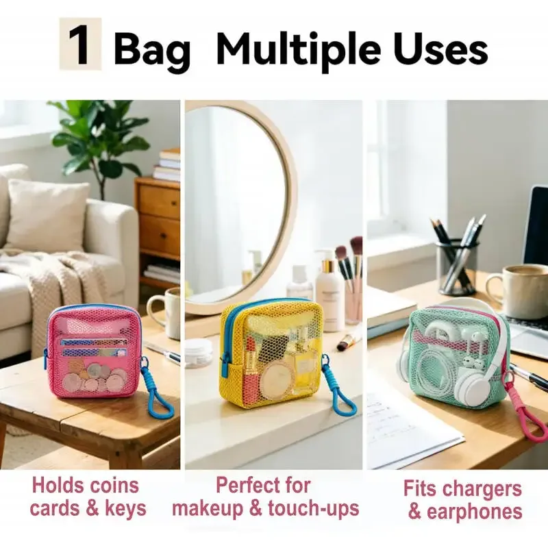 petite pochette de plage en maille transparente, sac à cosmétiques avec sangle de poignet amovible, organisateur de voyage pour crème solaire, clés, câbles