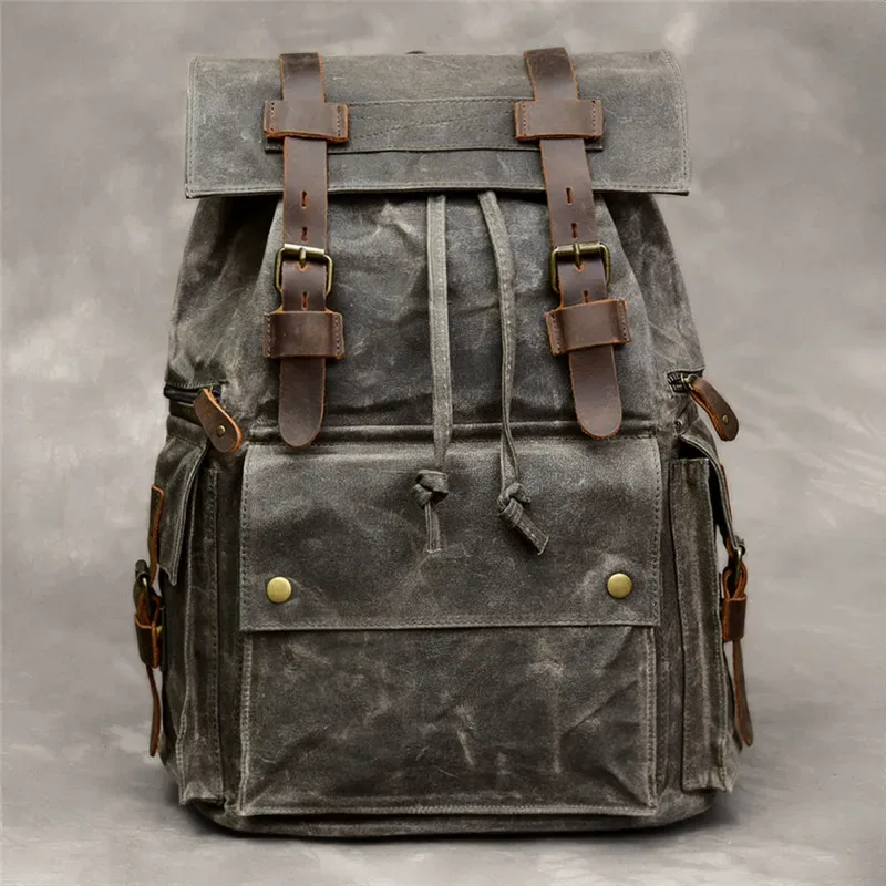 sac à dos vintage en toile et cuir group pour homme, cartable imperméable de grande capacité, en cuir de vache, pour voyage en plein air