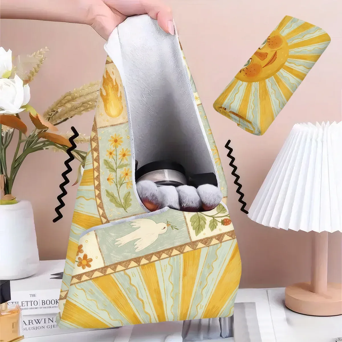 tissu d'emballage magique auto-adhésif à motif soleil, sac de maquillage auto-adhésif, pochette de rangement portable pour housse de protection d'appareil photo