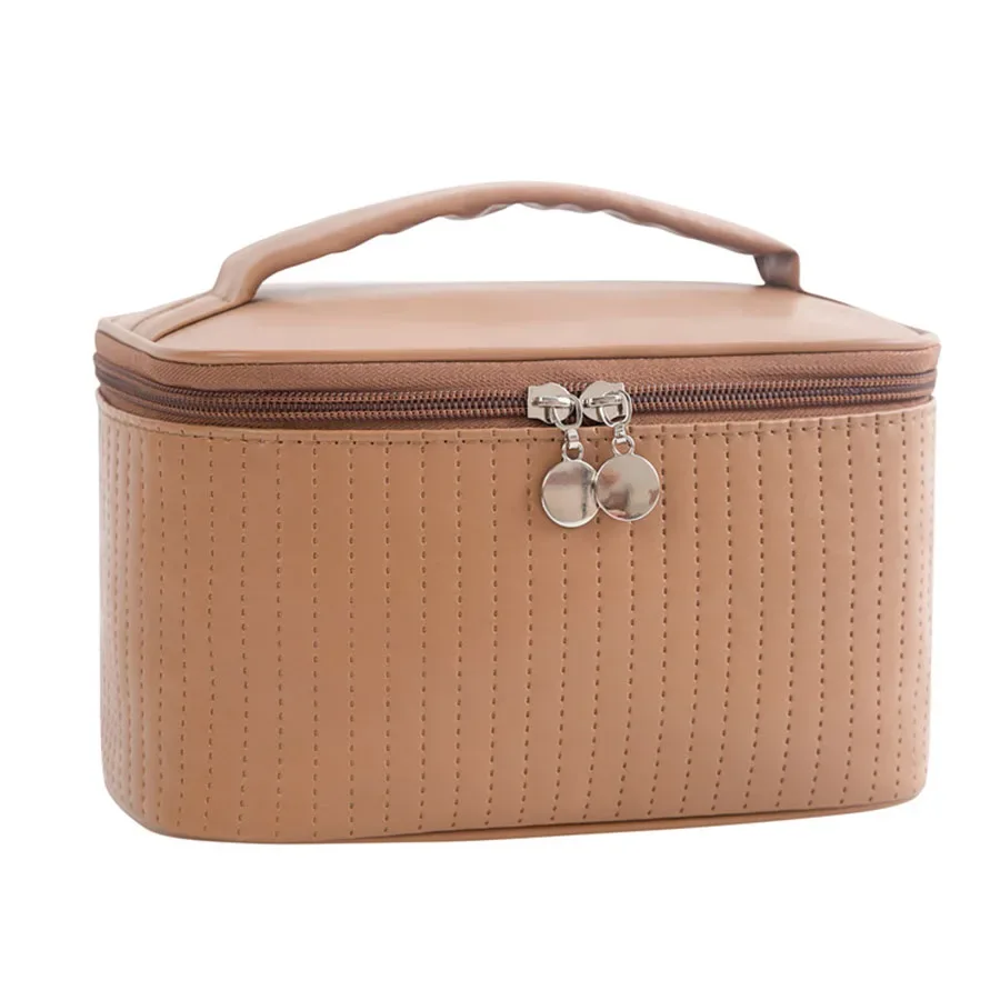 nouvelle trousse de maquillage portable de grande capacité en cuir pu de couleur unie pour femmes, sac de toilette de voyage, organisateur de cosmétiques