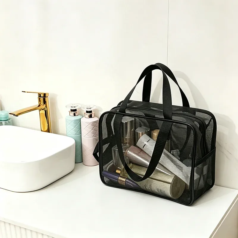 sac de toilette en maille noire, organiseur de douche portable, sac de voyage étanche et anti-fuite, sac de sport