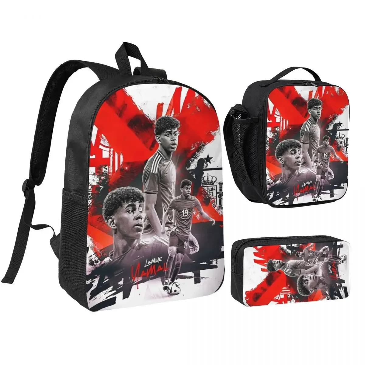 3pecs/ensemble lamine y-yamal football sac à dos pour étudiant haute capacité sac à bandoulière sac à déjeuner trousse à crayons