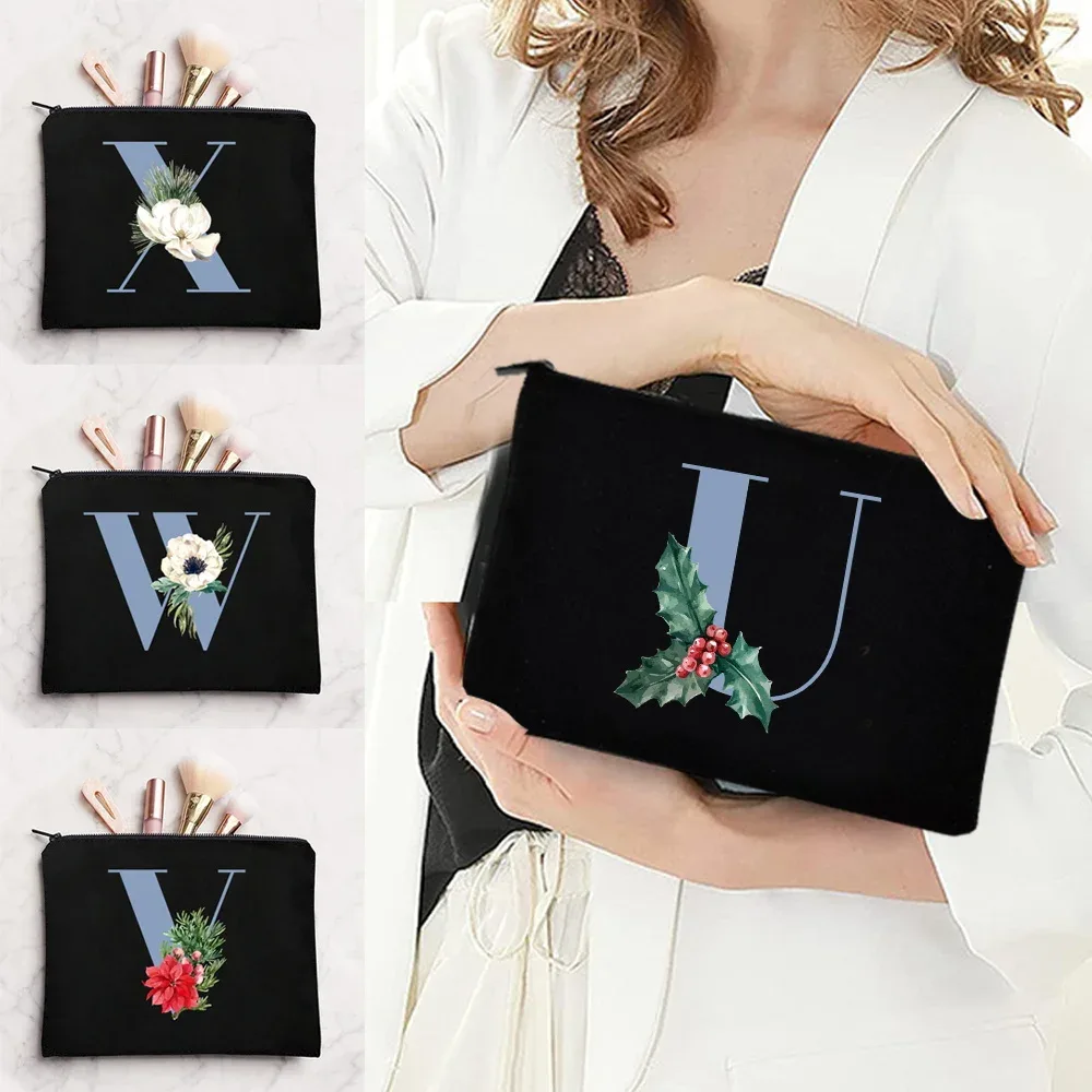 Sac à cosmétiques en tissu pour femmes, pochette de maquillage, sac de voyage, rouge à lèvres, étuis de rangement, pochette à fermeture éclair, porte-monnaie de téléphone, initiales bleues imprimées