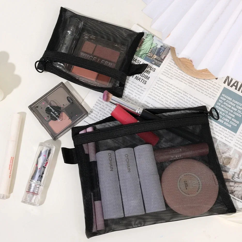 sacs à cosmétiques transparents en maille, 1/6 pièces, trousse de maquillage de voyage portable, petite et grande trousse de toilette noire, pochette de rangement pour rouge à lèvres