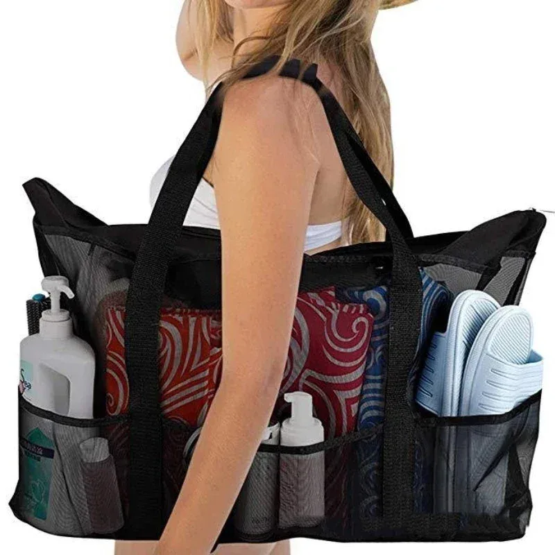 sac de plage extra large en maille avec fermeture éclair et poche, idéal pour les croisières en famille ou les vacances à la plage | sac de rangement pour articles de voyage