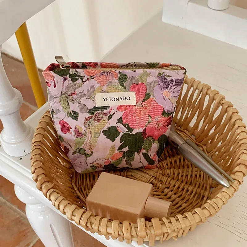 trousse de maquillage vintage à motifs floraux pour femme, pochette de voyage portable grande capacité, étui de rangement à fermeture éclair imprimé fleurs