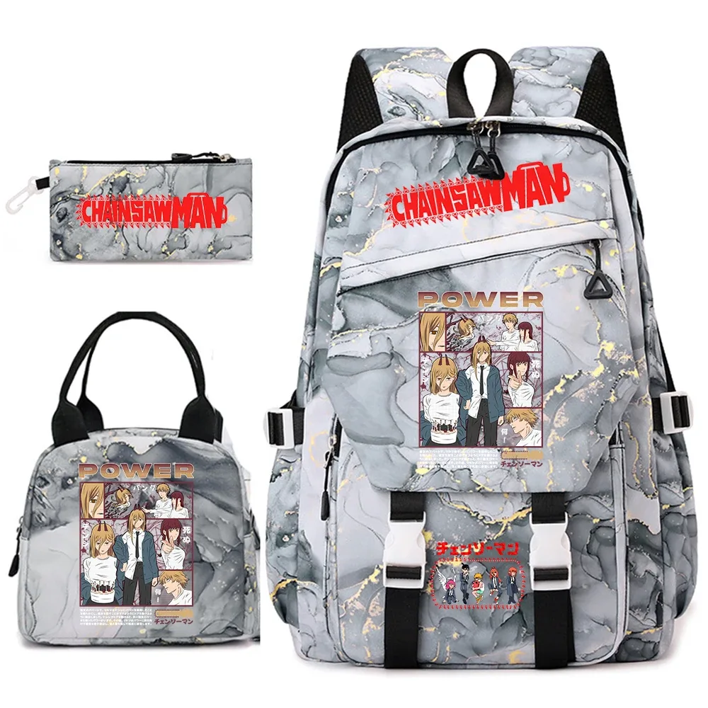 ensemble de sacs à dos pour étudiantes avec imprimé chainsaw man anime, pour filles, avec sac à lunch et trousse à crayons, pour une utilisation quotidienne à l'école