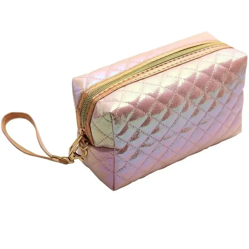 trousse de maquillage matelassée iridescente, sac de voyage pour articles de toilette, brodé, grande capacité