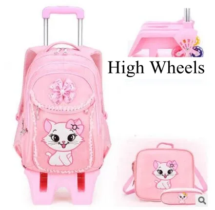 3 sacs à roulettes scolaires pour enfants, sacs à dos à roulettes pour filles, sacs à roulettes pour l'école, style chat, sacs à dos pour filles