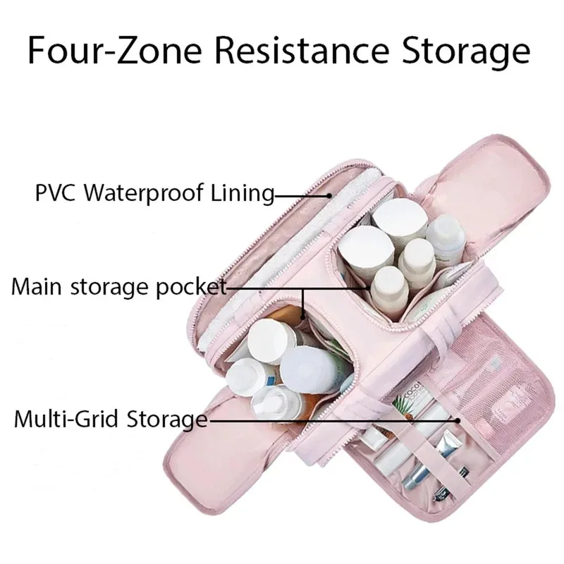 grande trousse de maquillage de voyage 180 °   organisateur de toilette à large ouverture, trousse à cosmétiques rembourrée résistante à l'eau avec poignée pour bouteilles pleines grand format