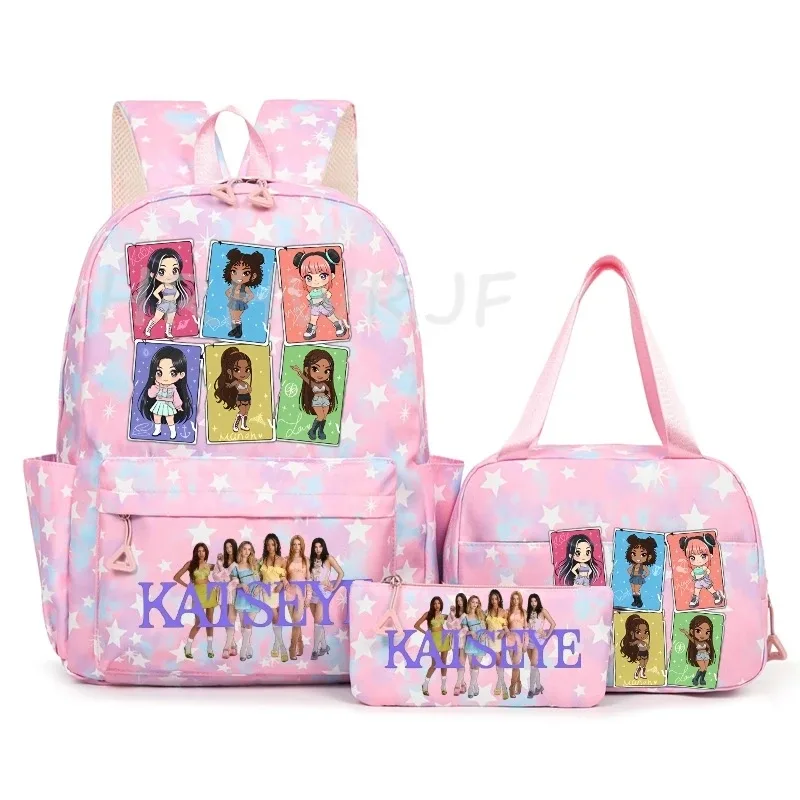 sac à dos katseye à thème musical, 3 pièces, imprimé étoiles roses, cartable amusant pour adolescents, étudiants, femmes, sac à dos pour ordinateur portable, sac de voyage mochila