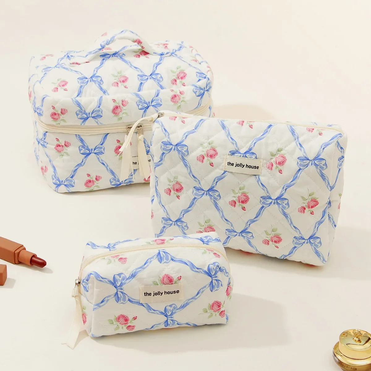 trousse de maquillage matelassurera en coton pour femme, trousse de toilette portable pour fille, sac à main à fermeture éclair pour femme, trousse cosmétique, évaluation, gril, 3 pièces