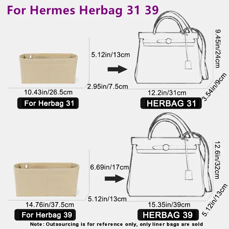 sac à main pour hermès herbag 31 39, accessoire de poche de doublure durable, sac de tri de stockage, support de partie intérieure