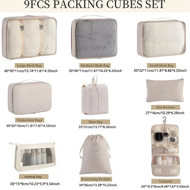 ensemble d'organisateurs de voyage 7/8/9 pièces, cubes de rangement pour valise, sacs de rangement portables pour bagages, pochette de rangement pour vêtements et chaussures, pliable