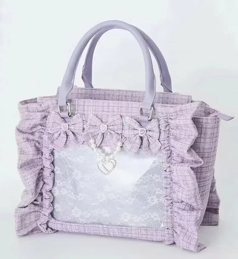 sac à main en dentelle à volants pour femmes et filles, sacoche de style japonais, fourre-tout carré avec nœud papillon en perles, sacs à main portables initiés
