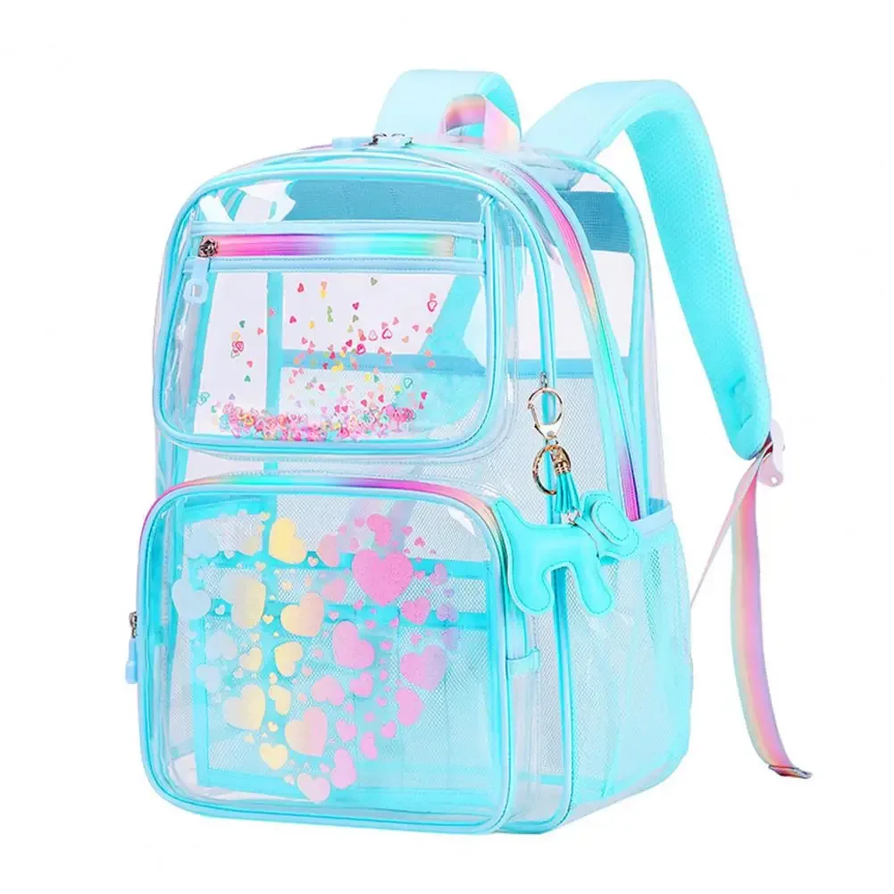 sac à dos transparent pour l'école, sac à dos imperméable avec imprimés en forme de cœur, compartiment principal, poches avant à fermeture éclair pour garçons et filles