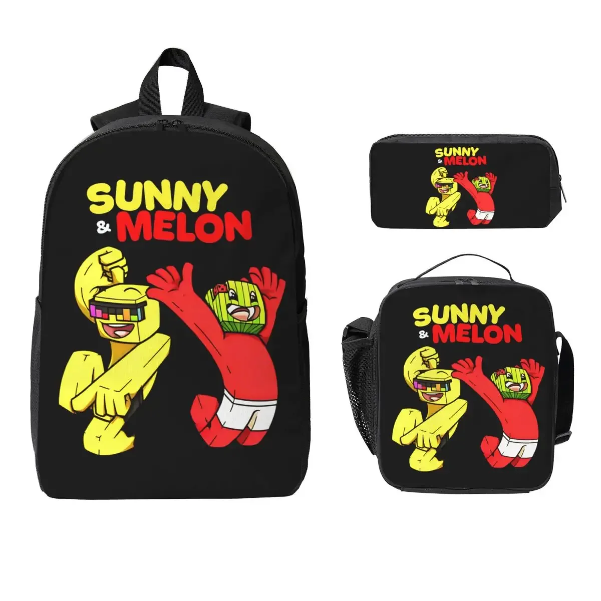 sac à dos sunny and melon pour garçons et filles, sac d'école, sac à bandoulière pour ordinateur portable, 3 pièces, sac à déjeuner isotherme, trousse à crayons