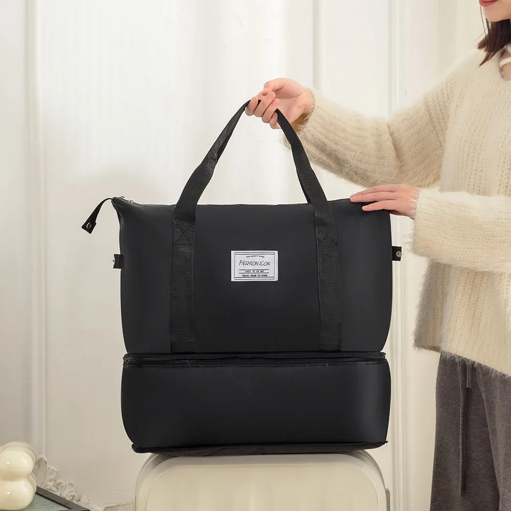 sac de voyage pliable promotionnel et tendance, grande capacité, double compartiment ; sac de rangement pour bagages ; sac à main multifonctionnel ; sac de maternité léger, portable et extensible ; sac de sport unisexe couleur unie avec séparation sec/humide