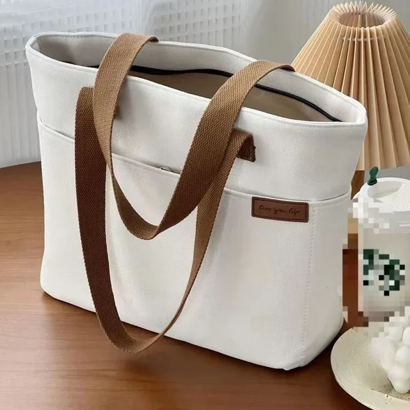 sac fourre-tout en toile pour femmes, sac de rangement à 2 couches, sac de transport de grande capacité pour étudiants, sacs à main à bandoulière portables, sac de shopping