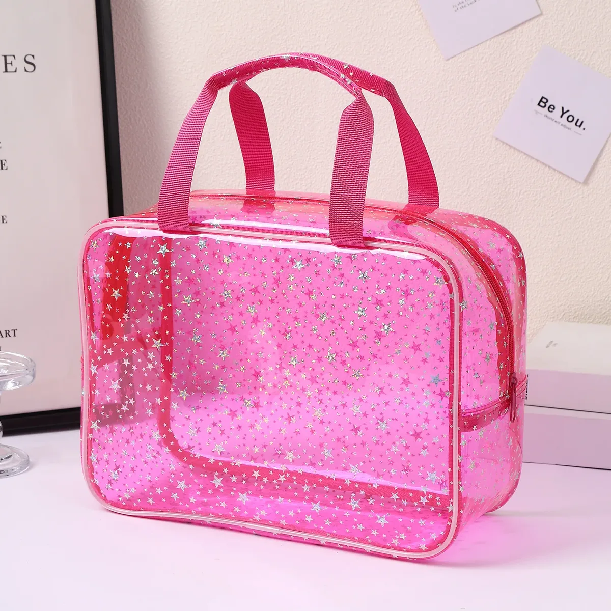 trousse de maquillage transparente grandes étoiles, avec sangle portable, trousse de toilette étanche en pvc, sac organisé pour cosmétiques, sac de voyage transparent