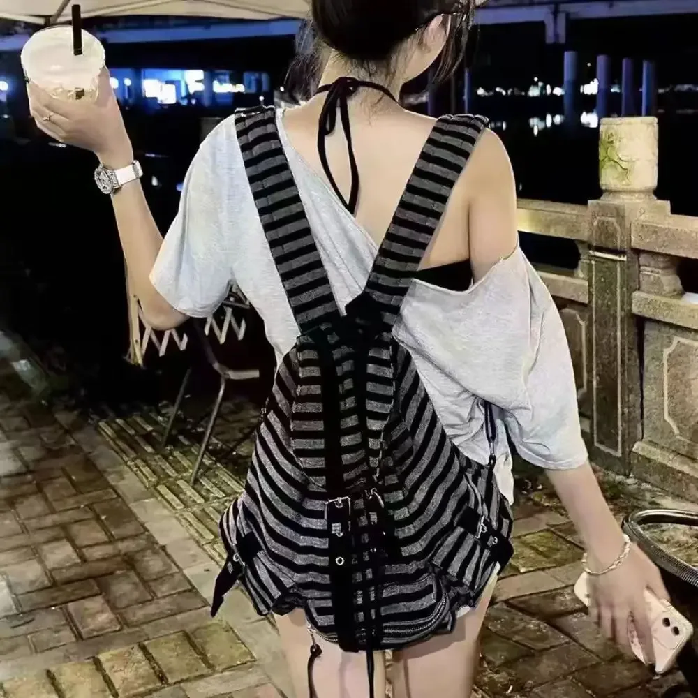 sacs à dos décontractés de style coréen, sacs à livres à rayures plates avec cordon de serrage, fourre-tout doux de grande capacité unisexe