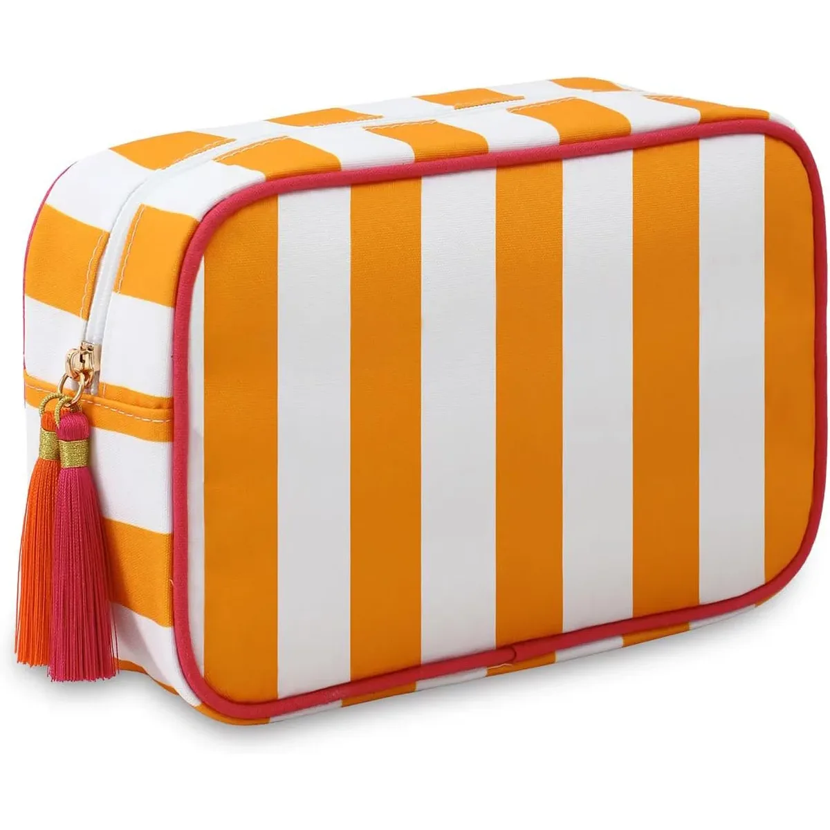 grande trousse de maquillage portable rayée pour femmes, avec fermeture éclair et pompon, grande capacité, sac fourre-tout décontracté avec fermeture éclair