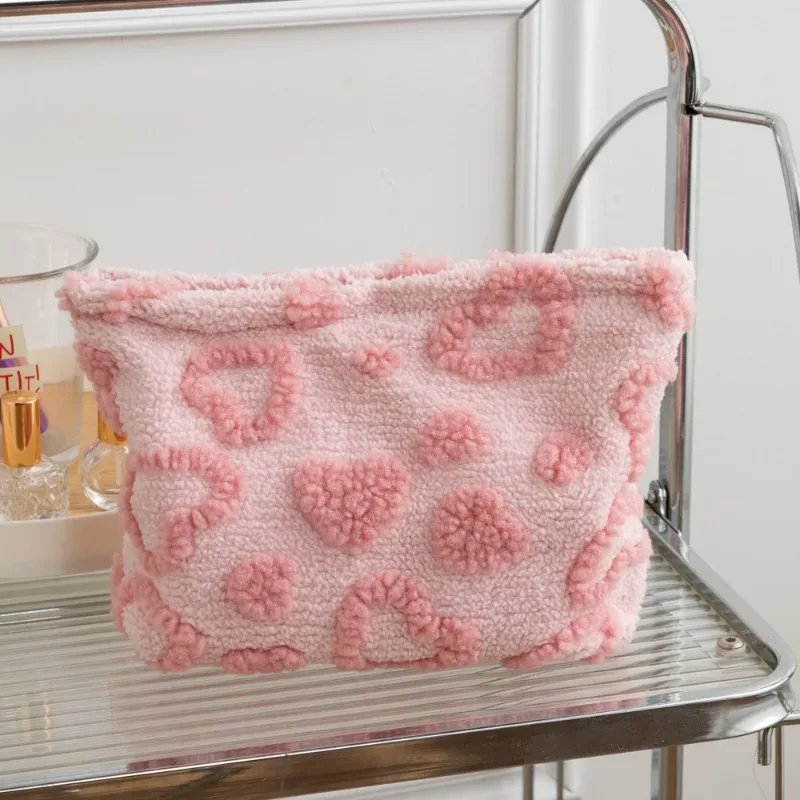 sac de rangement en peluche grande capacité, sac de maquillage portable de voyage, motif cœur, pochette de transport à main, cosmetiquera para maquillaje ravissant