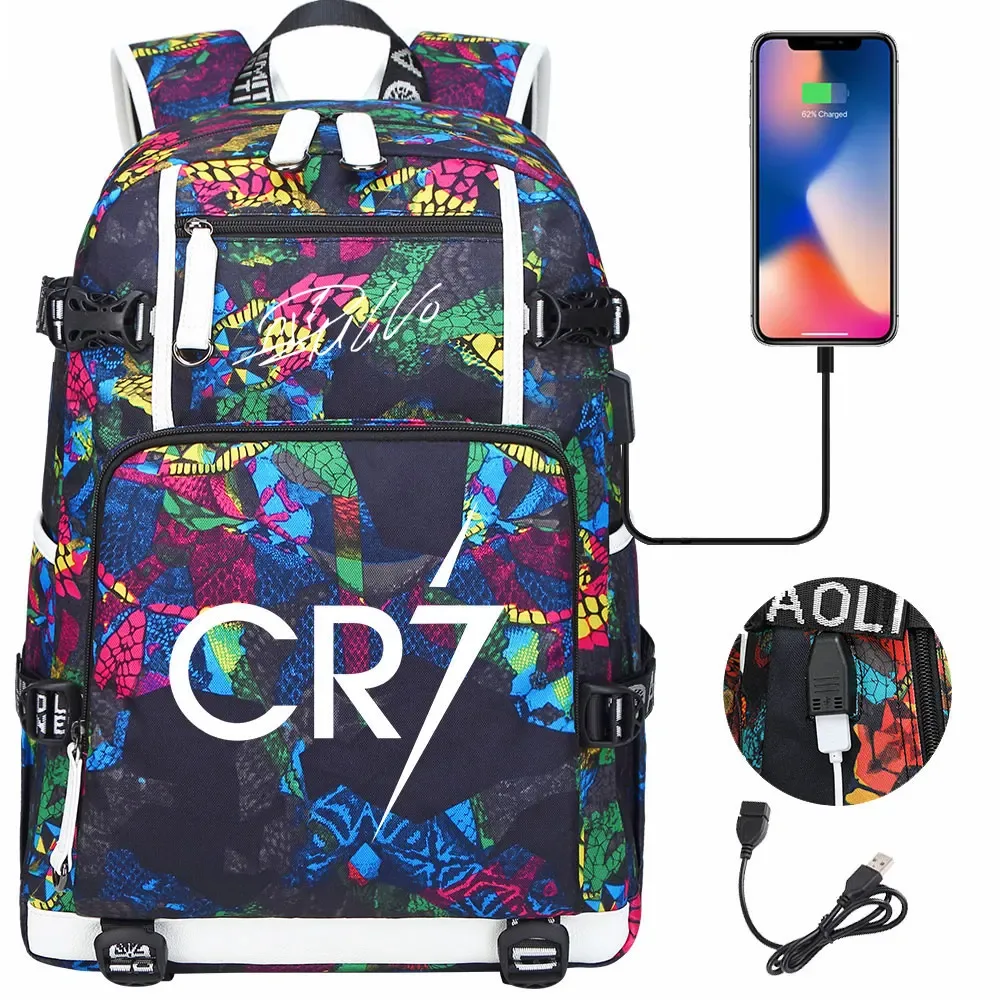 football star cr7 usb grande capacité étudiant mochila femmes hommes ordinateur portable voyage sac à dos garçons filles enfants retour à l'école livre sacs