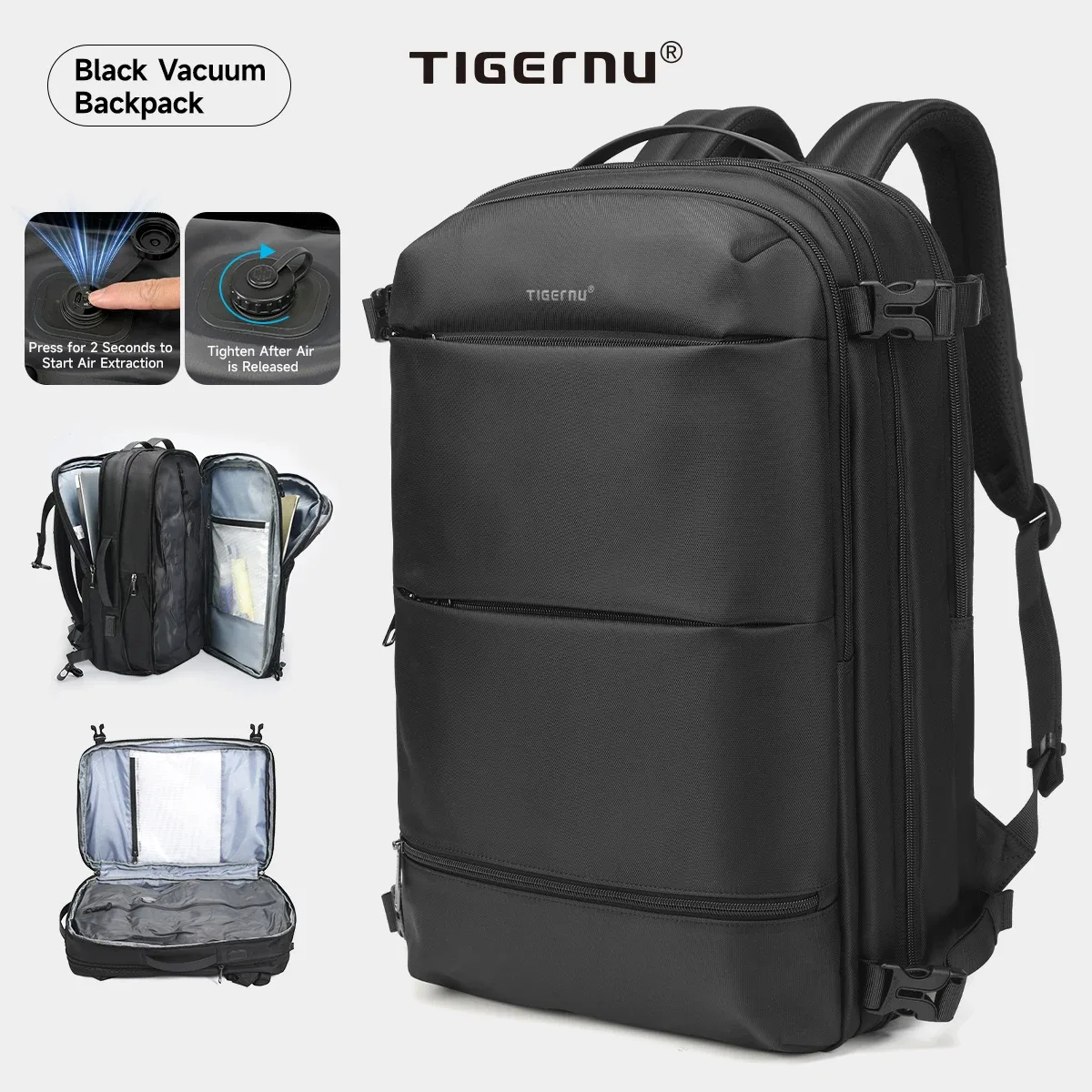 sac à dos de compression sous vide tigernu pour hommes, sac à dos de voyage extensible avec port usb, grande capacité, sac pour ordinateur portable 17 pouces, sacs de cabine pour l'école