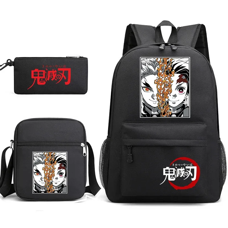ensemble de sacs à dos d'école imprimés demon slayer, 3 pièces, avec sac à bandoulière, trousse à crayons pour garçons et filles