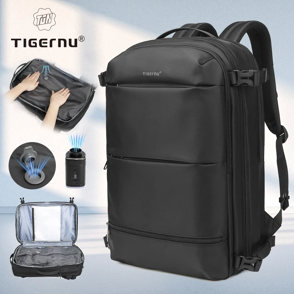 sac à dos de voyage tigernu extensible à compression sous vide 27l-37l pour cabine d'avion, avec compartiment pour ordinateur portable 17 pouces et port usb