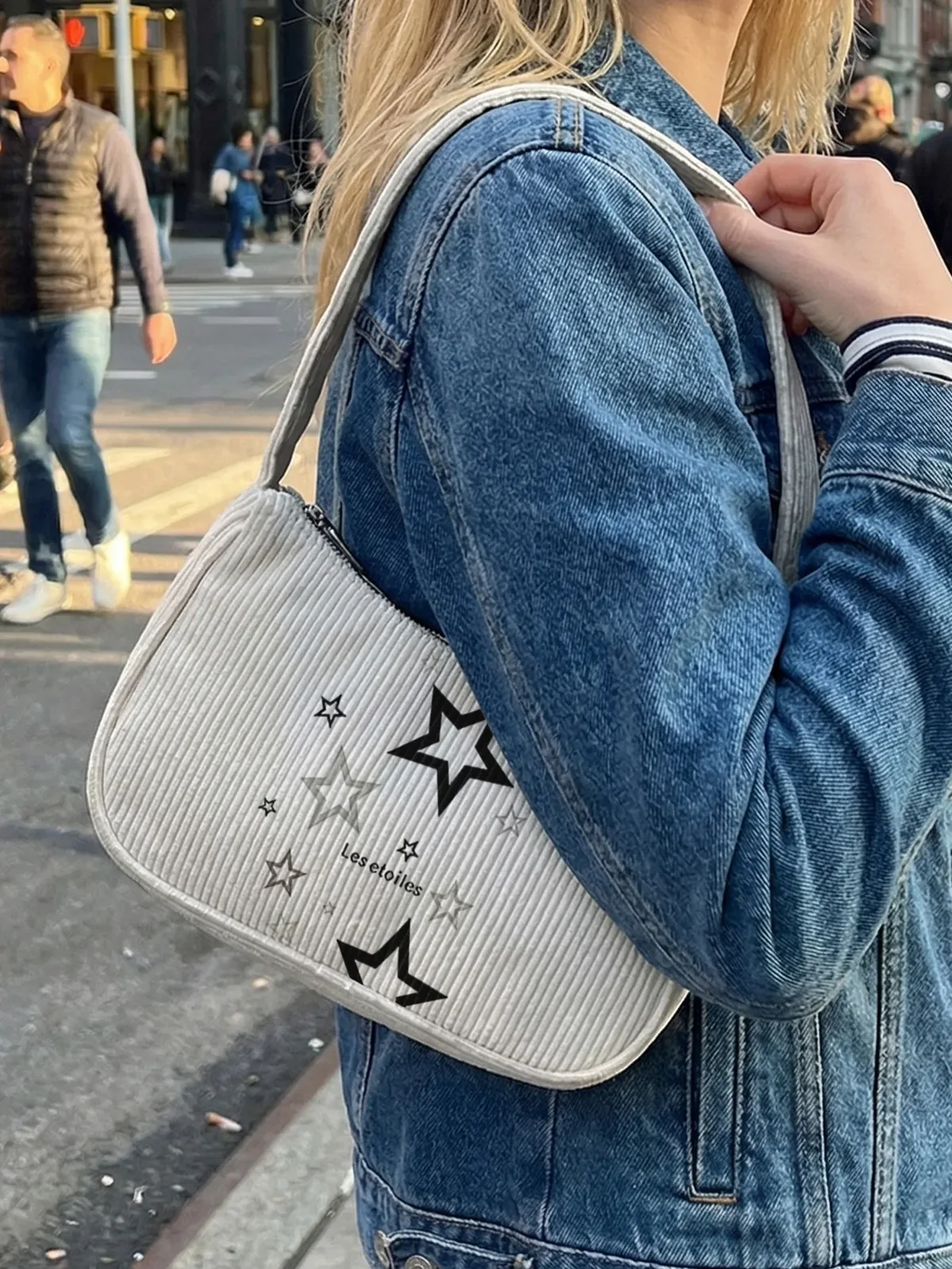 sac à bandoulière tendance à imprimé étoiles, sac sous le bras en velours côtelé beige pour un usage quotidien décontracté