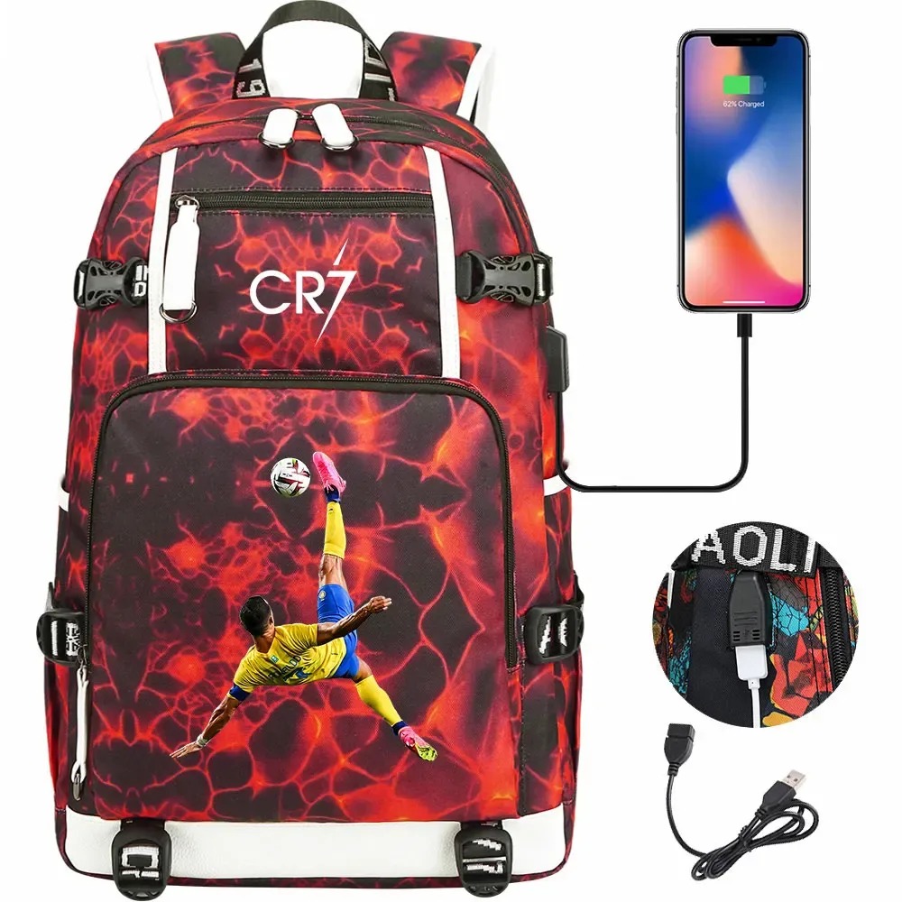 football star cr7 usb adolescents étudiant cartable femmes hommes ordinateur portable voyage sport sac à dos fille garçons enfants retour à l'école livre sacs