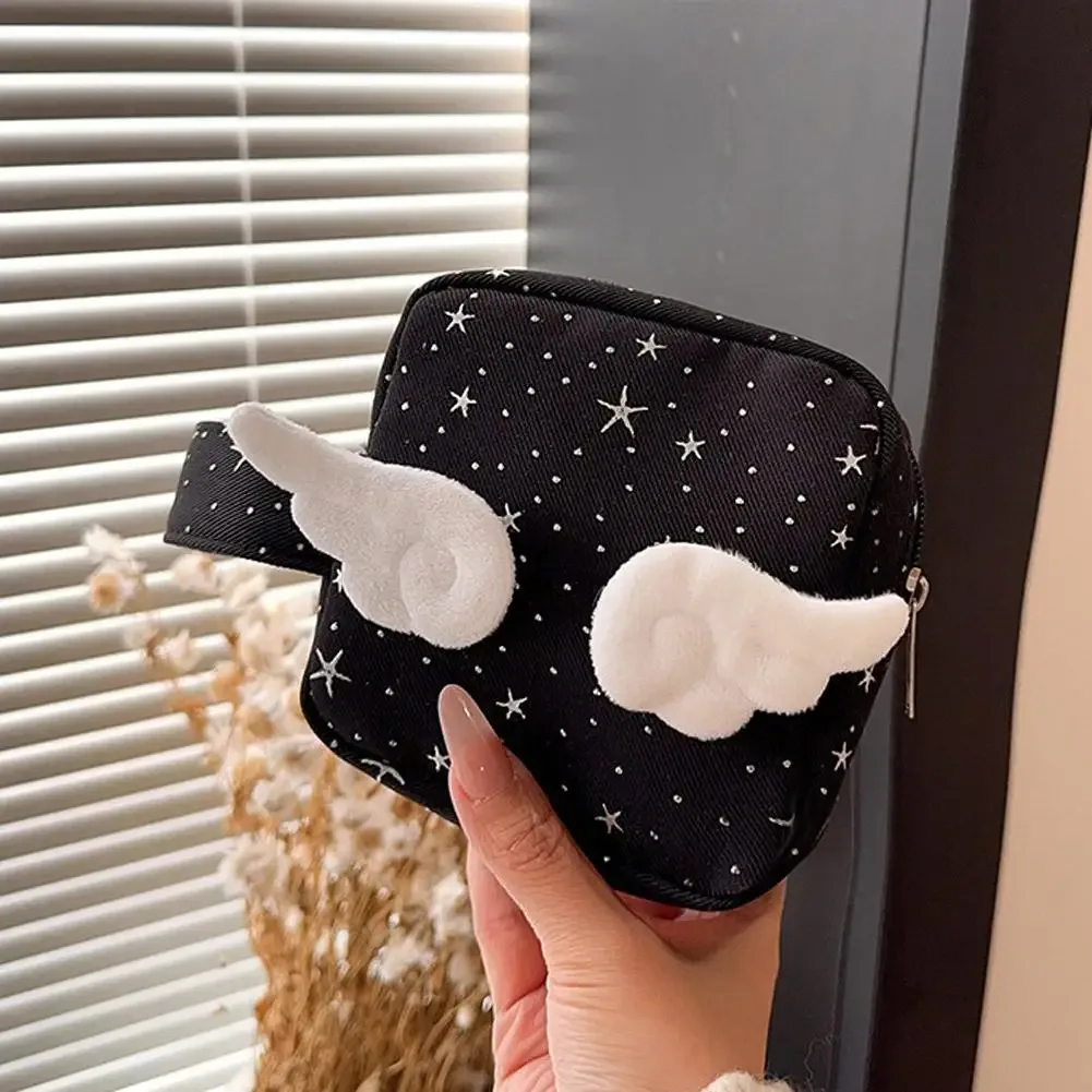 trousse de maquillage portable ailes d'ange mignonnes, organisateur de maquillage à main, pochette de rangement, trousse de toilette pour coton hygiénique quotidien et rouge à lèvres