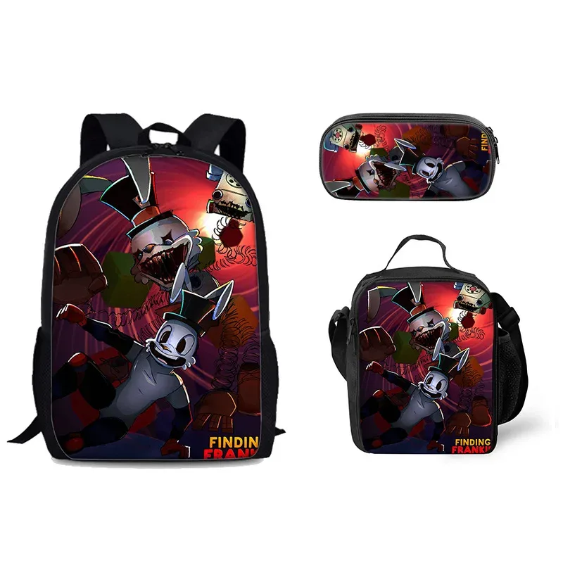 sac à dos tendance et populaire avec impression 3d frankie, ensemble de 3 pièces pour étudiants : sac à dos pour ordinateur portable, sac à déjeuner et trousse.
