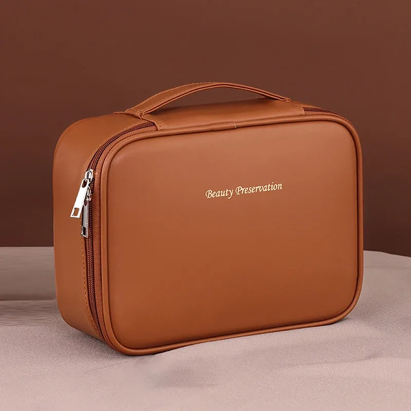 sac de maquillage de voyage double couche en cuir pu pour femmes, sac de rangement portable de grande capacité, sac de voyage étanche à fermeture éclair